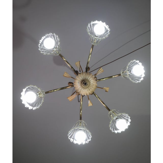 Glass 1950 Art Decò Murano Glass and Brass Chandelier, 6 Light For Sale - Image 7 of 18