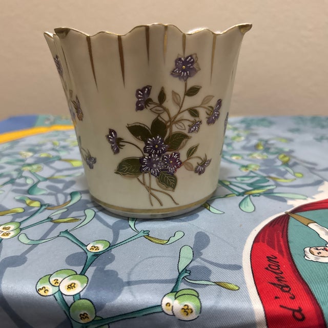 Cream Vintage Floral Porcelain Vase With Scalloped Gilt Rim For Sale - Image 8 of 8