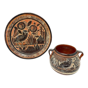 Vintage Tlaquepaque 'Petatillo Noche-Style' Plate & 2-Handle Pot From Jalisco