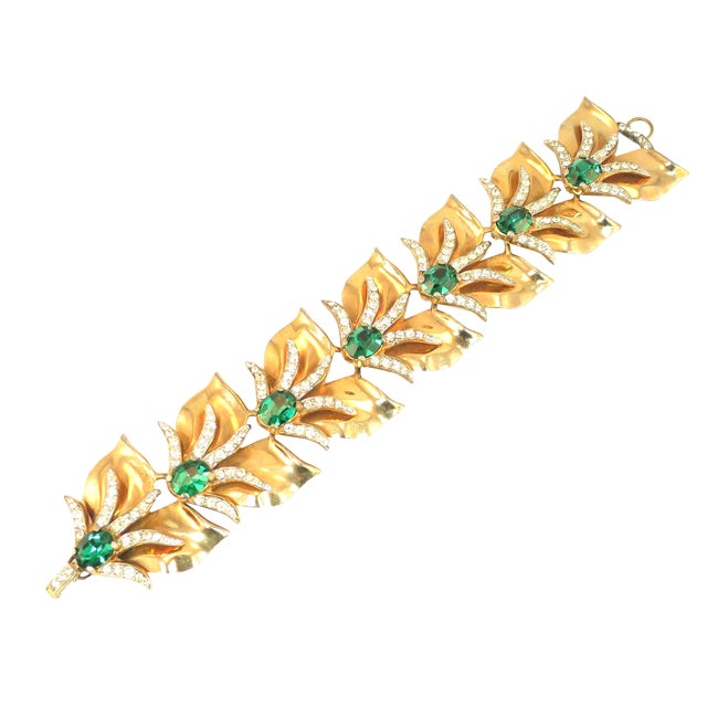 Vintage 1940s Mid-Century Modern Emerald Crystal Link Bracelet For Sale