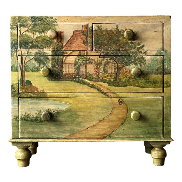 Hand-Painted Cottage Landscape Chest of Drawers, 19th Century For Sale