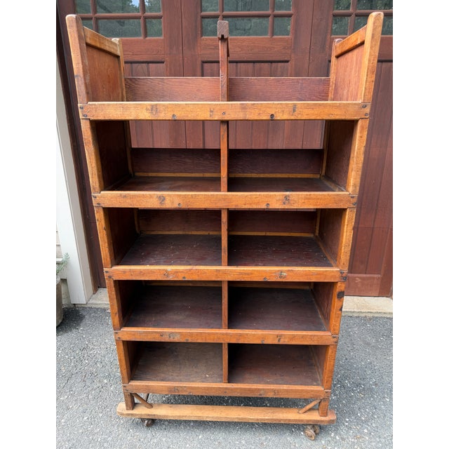 Early 20th Century Maine Shoe Factory Numbered Wood Rolling Cubbies / Industrial Shelving Cart For Sale In Boston - Image 6 of 18