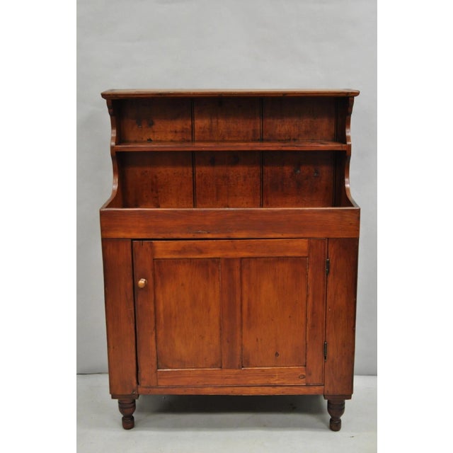 Antique French Country Colonial Small Pine Wood Drysink Kitchen Jelly Cupboard w/ Blue Painted Interior. Circa Mid 19th...