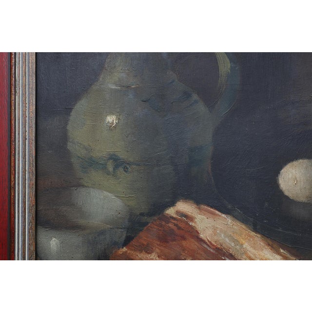 J. De Bruyne, Realist Still Life with Ham, Eggs and Bread, 1920s, Oil on Canvas For Sale - Image 10 of 11