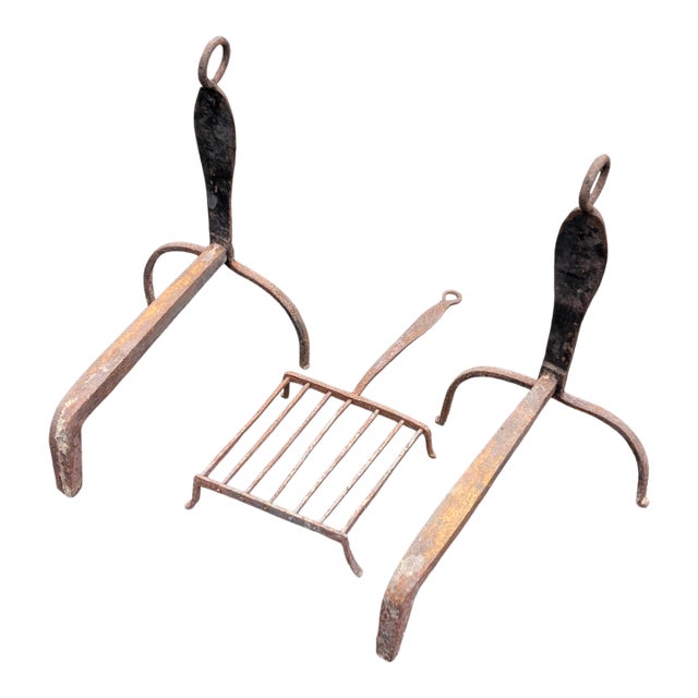 Early 20th Century Antique Wrought Iron Fireplace Andirons and Grate For Sale