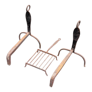 Early 20th Century Antique Wrought Iron Fireplace Andirons and Grate