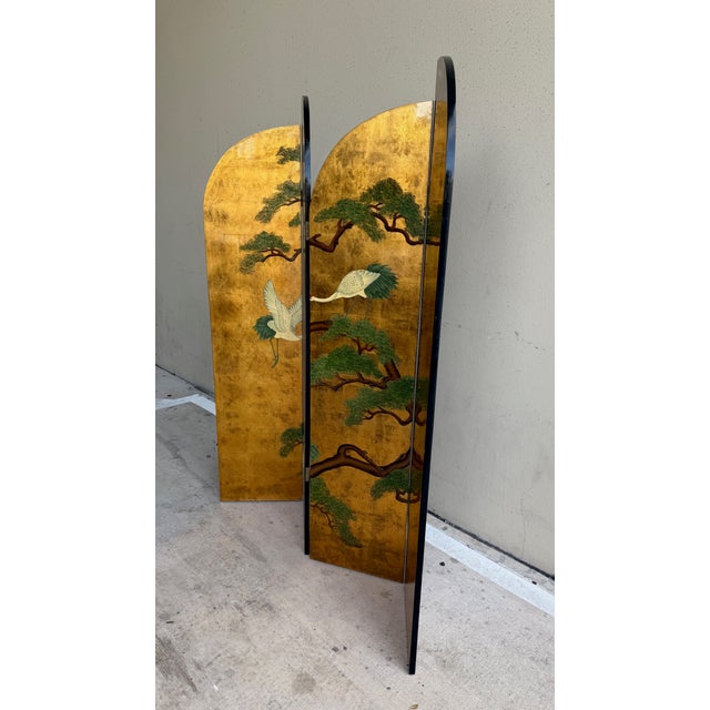 Vintage Chinese Lacquered Four-Panel Folding Screen With Cranes & Pine Trees For Sale - Image 4 of 16