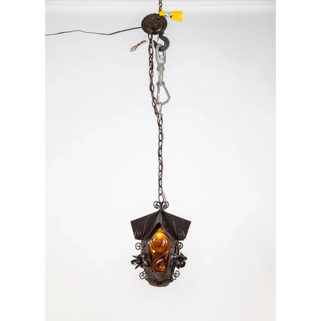 Mid 20th Century Black Birdhouse Lantern With Amber Blown Glass For Sale - Image 11 of 11