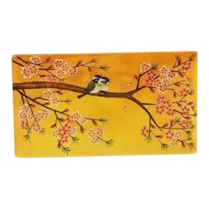Jacarte Archelan Studio Glass Reverse Painted Vase 2007 Birds Asian Cherry Tree