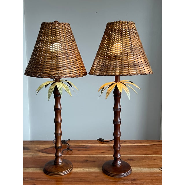 Vintage Hollywood Regency Faux Bamboo English Mahogany Palm Lamps For Sale - Image 9 of 12