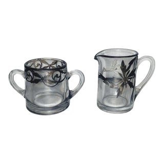 Vintage Sterling Silver Overlay Clear Glass Sugar and Creamer Set Art Nouveau For Sale