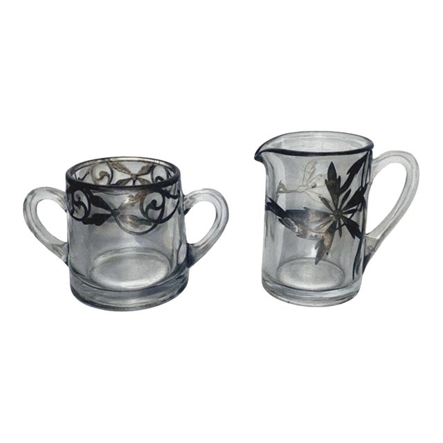 Vintage Sterling Silver Overlay Clear Glass Sugar and Creamer Set Art Nouveau For Sale