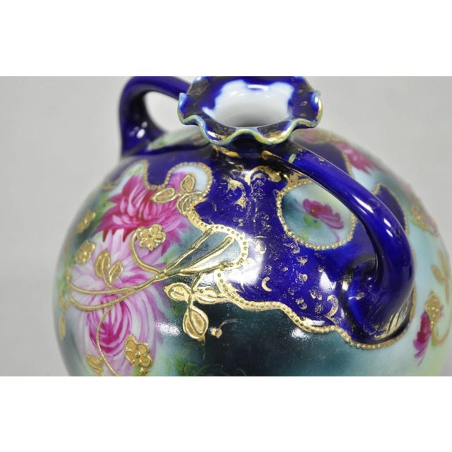 Blue Vintage Victorian Blue Hand Painted Porcelain Floral Twin Handled Bulbous Vase For Sale - Image 8 of 14