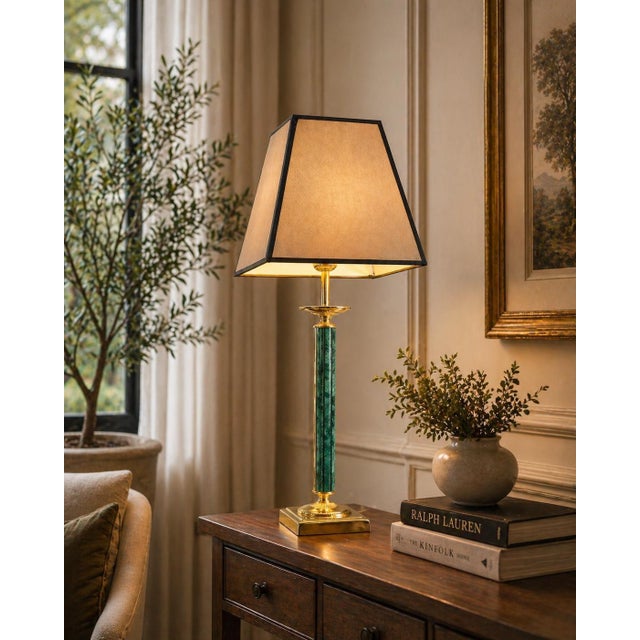 Green Malachite-Style Column Table Lamp with Structured Shade, 1980s For Sale - Image 3 of 12