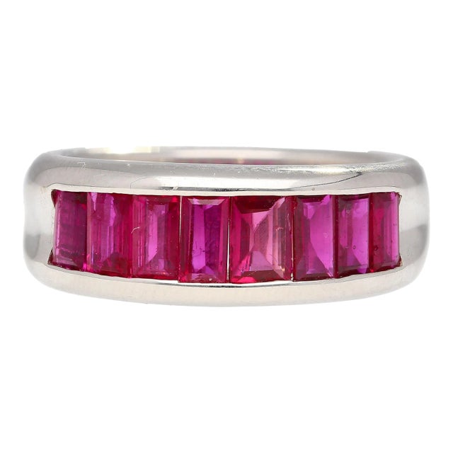 18K White Gold Channel Set Natural Baguette Cut 1-Row Ruby Band Ring, Size 6.5 For Sale