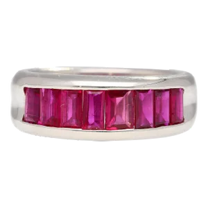 18K White Gold Channel Set Natural Baguette Cut 1-Row Ruby Band Ring, Size 6.5