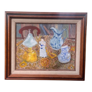 Vintage Oil Painting Still Life Blue & White Porcelain Kerosene Lamp Signed “The Royal Copenhagen” For Sale