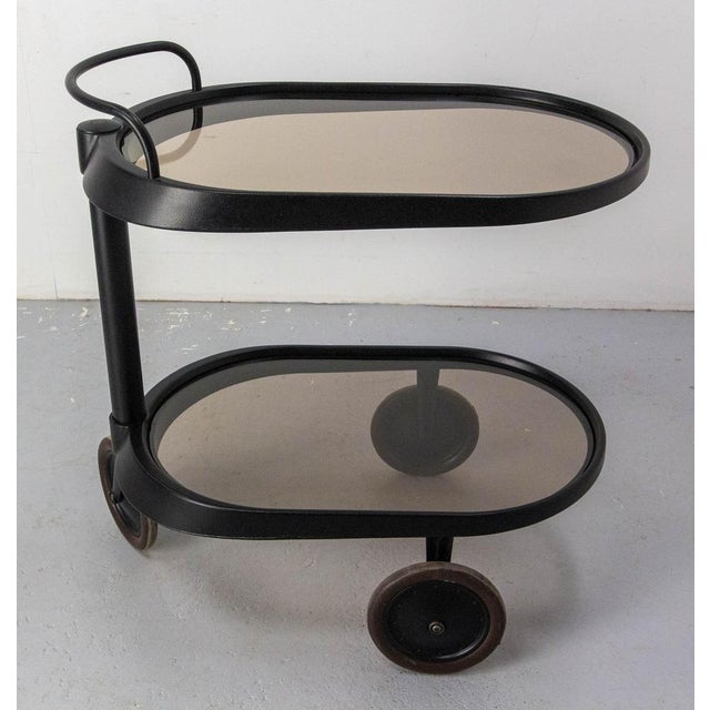 Italian Smoked Glass & Metal Serving Trolley attributed to Enzo Mari for Alessi, 1980 For Sale - Image 3 of 15
