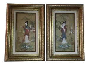 Custom Framed Oriental Princesses Oil on Cork - a Pair
