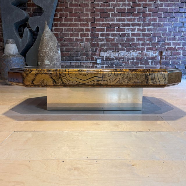 Postmodern 1970s Large Brass and Woodgrain Lacquer Coffee Table For Sale - Image 3 of 12