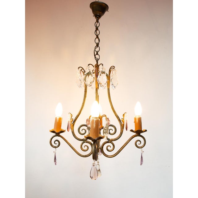 Metal Antique French Chandelier in Iron, Green and Gold Crystals, 1900 For Sale - Image 7 of 10