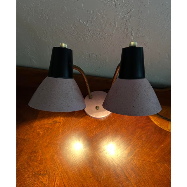 1950s Mid-Century Modern Dual Gooseneck Desk Lamp; Pink and Black Metal Cones For Sale - Image 13 of 14