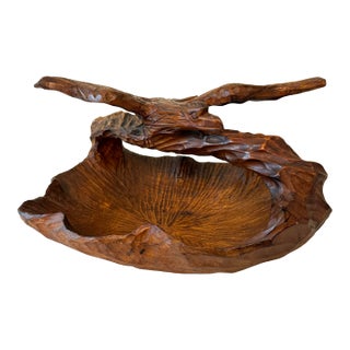 Vintage Hand Carved Eagle Landing Burl Wood Bowl Basket For Sale