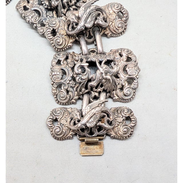 Vintage 1972 Signed Napier Silvertone Coat of Arms Griffin & Sea Serpent Panel Bracelet For Sale - Image 9 of 10