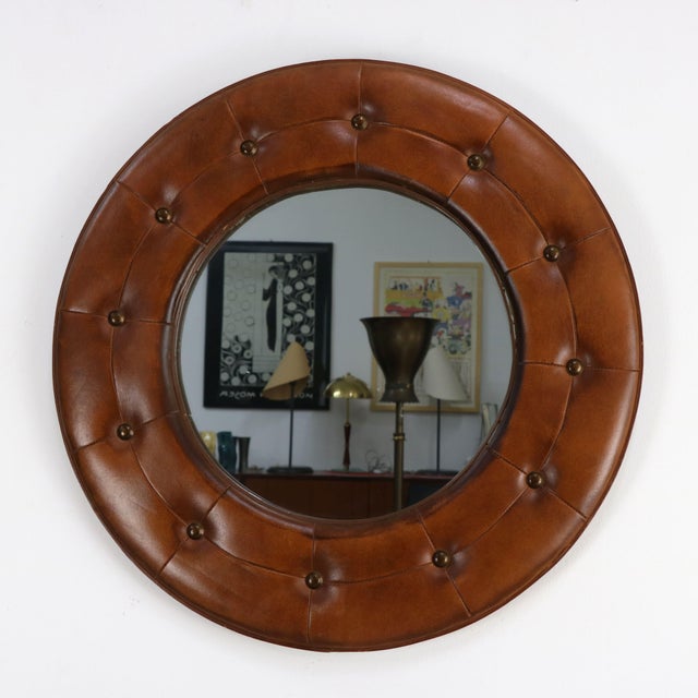 Mid-Century Circular Mirror in Cognac Leather with Capitonné Details, Italy, 1970s For Sale - Image 6 of 6