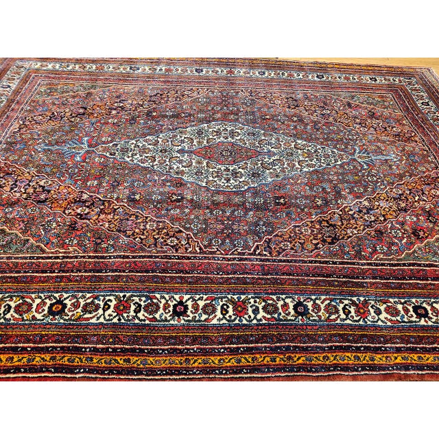 Textile Vintage Persian Bibikabad Rug, Hand-Knotted Wool, Geometric Pattern, Rust Red & Blue, 9x13 For Sale - Image 7 of 18
