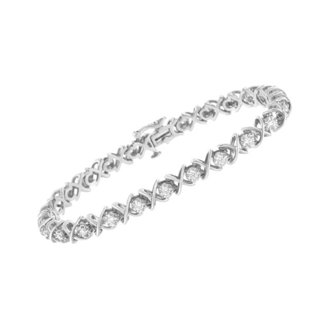 Contemporary .925 Sterling Silver 1 cttw Brilliant Round-Cut Diamond "X" Link Bracelet (I-J Clarity, I2-I3 Color) - Size 7" For Sale - Image 3 of 7