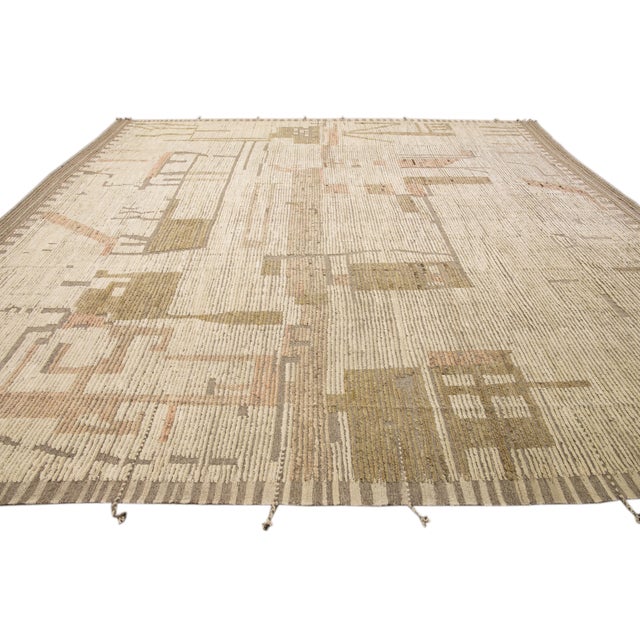 2020s Modern Boho Chic Moroccan Style Handmade Abstract Beige Square Wool Rug For Sale - Image 5 of 10