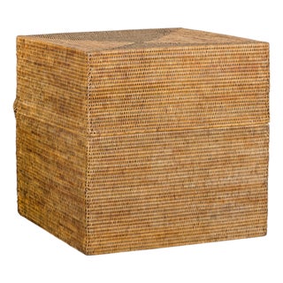 Large Vintage Woven Rattan Storage Box with Removable Lid For Sale