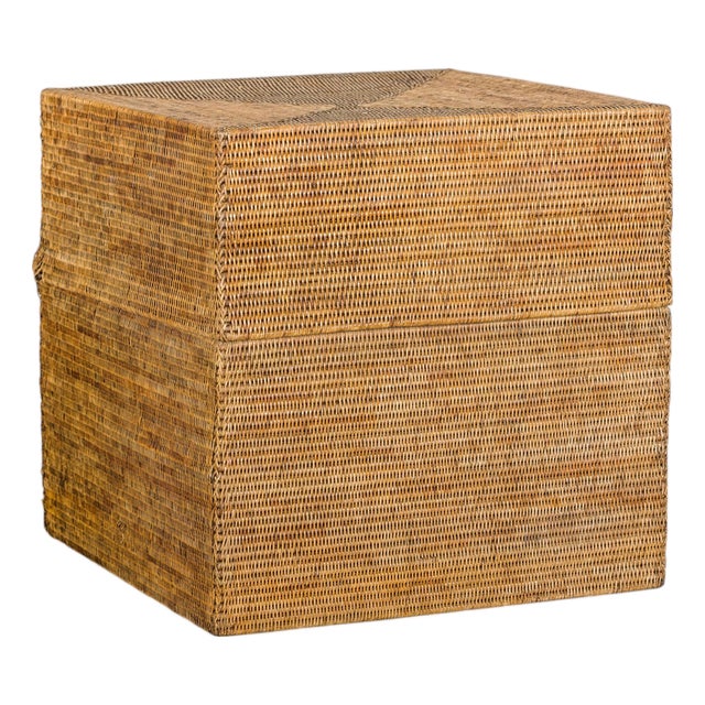 Large Vintage Woven Rattan Storage Box with Removable Lid For Sale