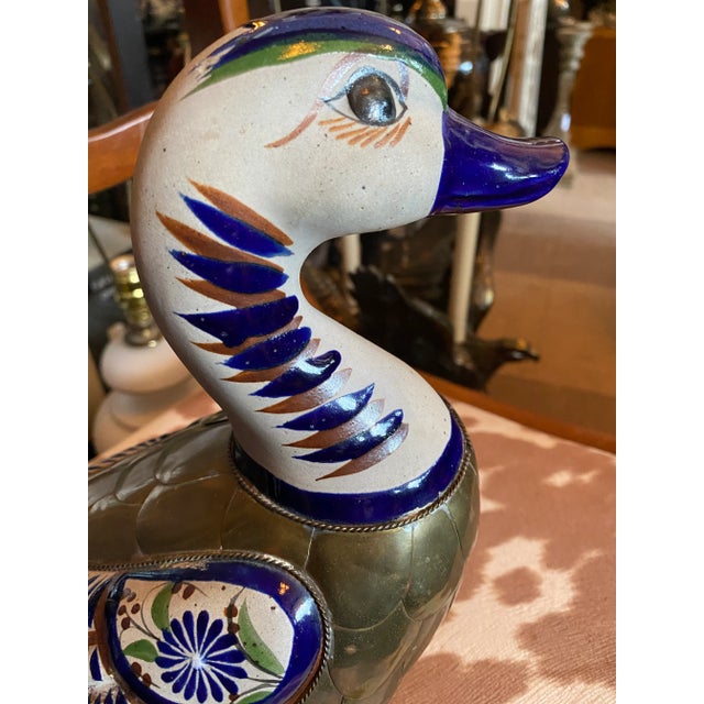 Chinoiserie 1970s Pottery and Brass Duck Sculpture For Sale - Image 3 of 7