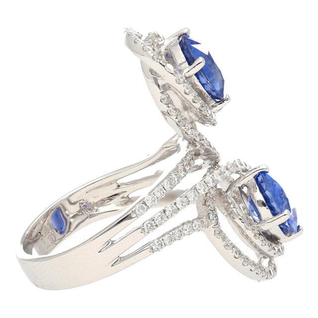 Baroque 4.51 Carat Oval Blue Sapphire & Diamond Two Stone Vertical Pave Swirl Ring For Sale - Image 3 of 6