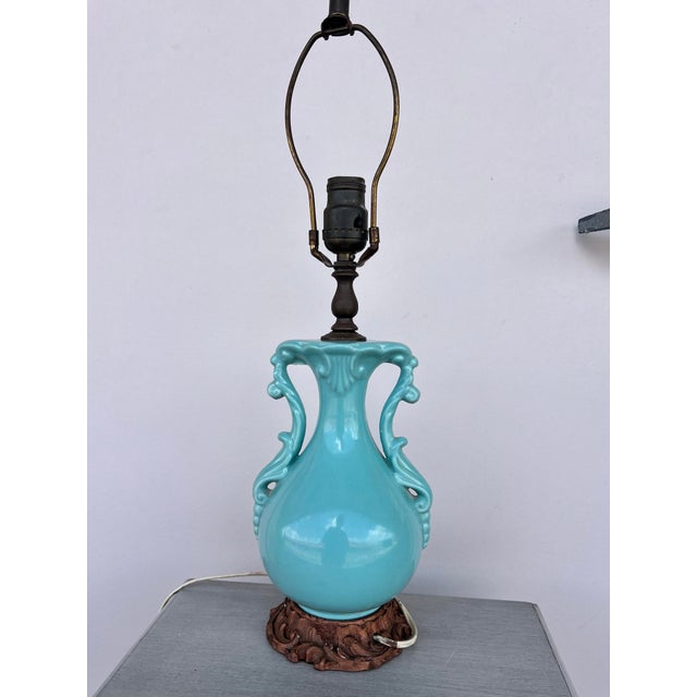 Vintage Art Deco Turquoise Ceramic Urn Shape Lamp For Sale - Image 4 of 7
