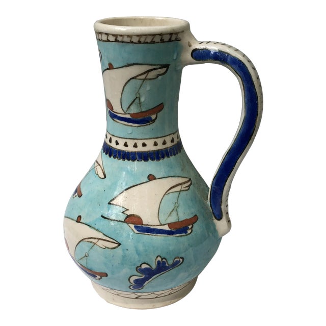 1970s Turkish Blue Sailboat Pottery Jug or Vase For Sale