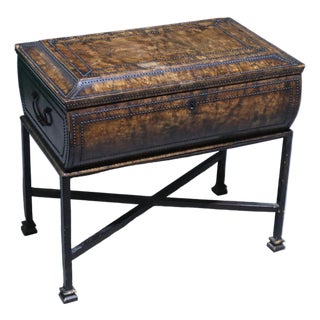 Antique Raised Sewing Box With Burl Walnut Shell Studded With Small Metal Beads For Sale