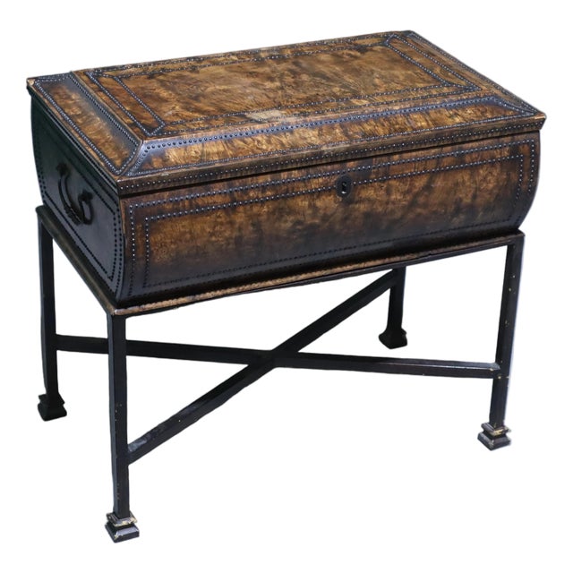 Antique Raised Sewing Box With Burl Walnut Shell Studded With Small Metal Beads For Sale