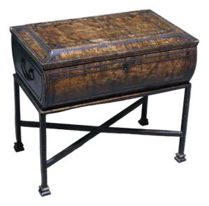 Antique Raised Sewing Box With Burl Walnut Shell Studded With Small Metal Beads