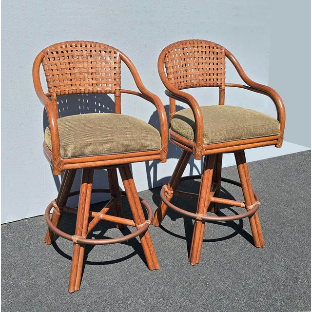 McGuire Pair of Vintage McGuire Bamboo Woven Leather Swivel Bar Stools Barstool For Sale - Image 4 of 15