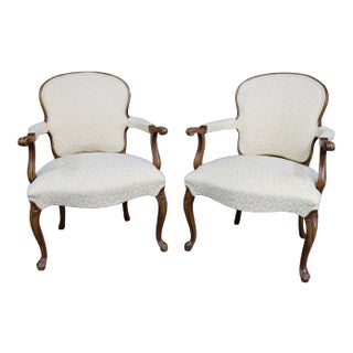 Pair French Style Walnut Carved Upholstered Armchairs For Sale