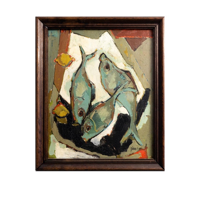 A modernist still life oil on canvas of three teal-green fish laid on a stylized tabletop. Signed on lower right corner....