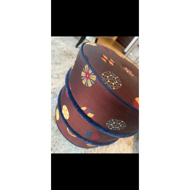 Custom ottoman with Zak and Fox Temari fabric and Samuel & Sons Strata marabout and cording; Unmarked Details include...