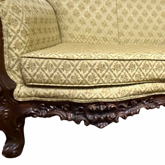 19th Century Italian Baroque Carved Walnut Sofa & Armchair – Silk Upholstery – Pair For Sale - Image 12 of 12