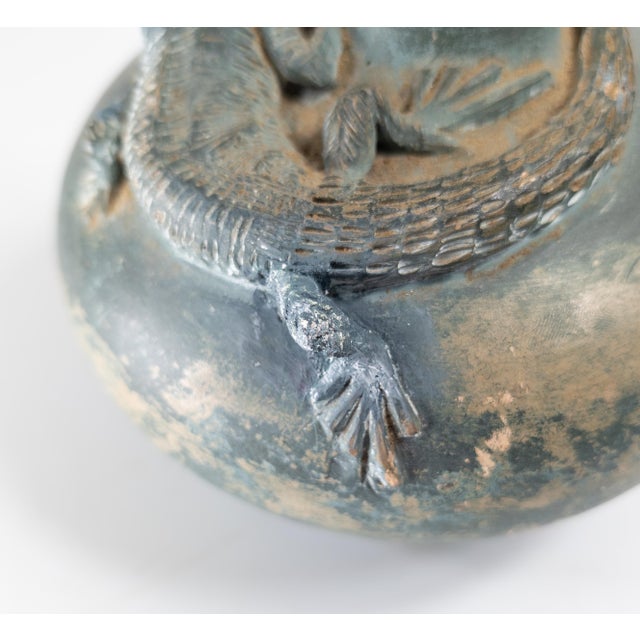 19th Century Arts and Crafts Verdigris Green Pottery Vase With Lizard, Restored For Sale - Image 10 of 13