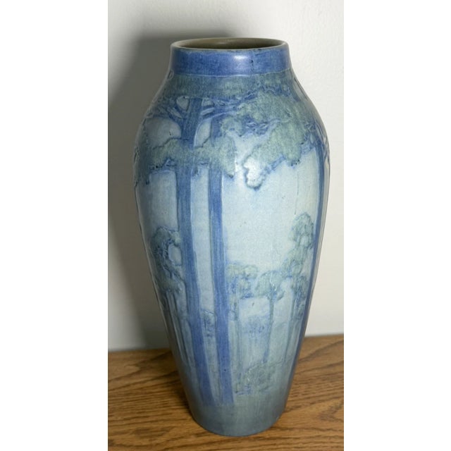 Rare 1919 Sadie Irvine for Newcomb College Pottery "Moon & Pine Trees" Matte Glaze Vase For Sale - Image 4 of 8