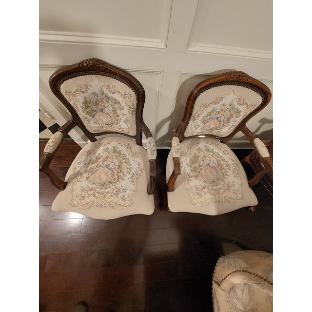 Wood Louis XV Style Carved Wood Arm Chairs With Floral Tapestry Upholstry For Sale - Image 7 of 8