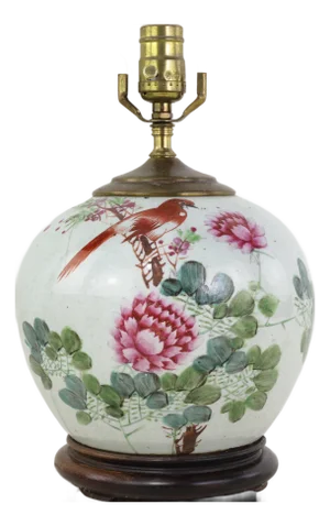 Famille Rose Antique Porcelain Vase Table Lamp With Bird and Peony Motif on Wood Base